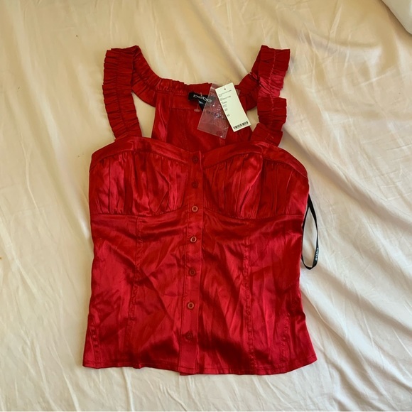 NWT BEBE Bright Red Silk Tank Top with Buttons - Picture 2 of 6